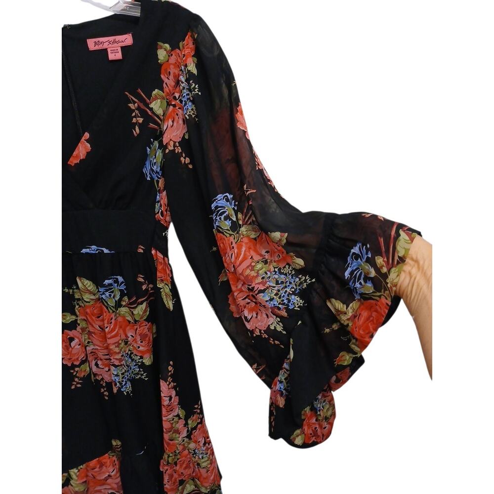 Betsy Johnson Floral Mini Dress Sz 4 Black Pink Babydoll Bell Sleeves Whimsigoth - Picture 10 of 16